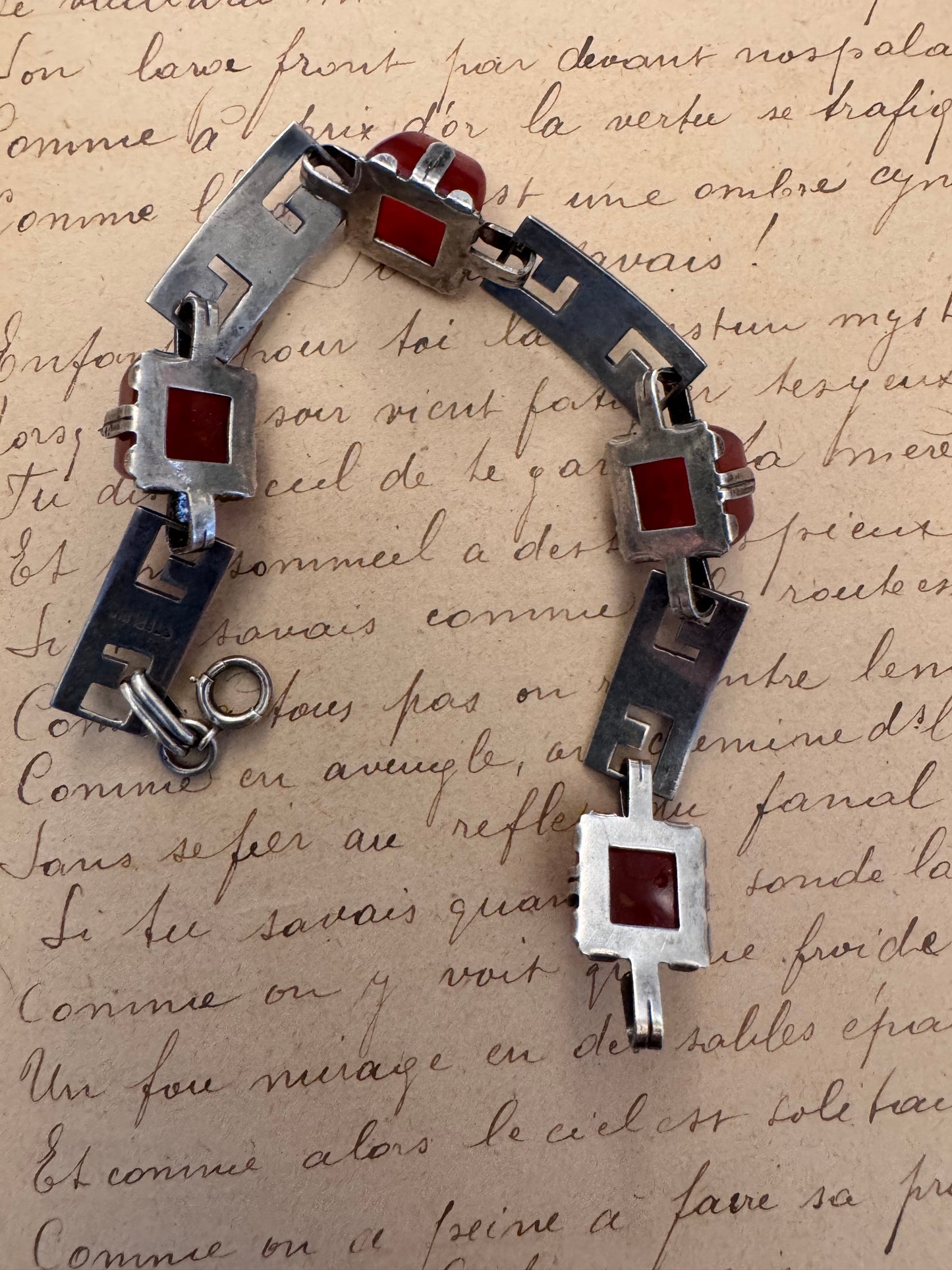 Sterling Deco Opaque Sugarloaf Red Glass and Enamel Bracelet