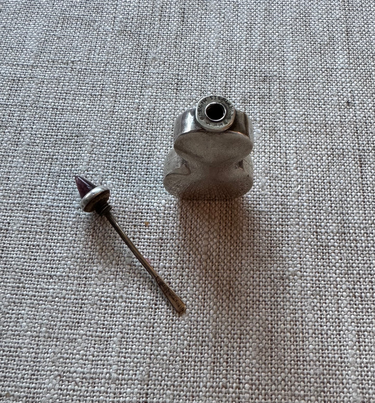 Amazing Simple Sterling Hourglass Shaped Perfume Bottle with Purple Bullet Shaped CabochonStone in Lid