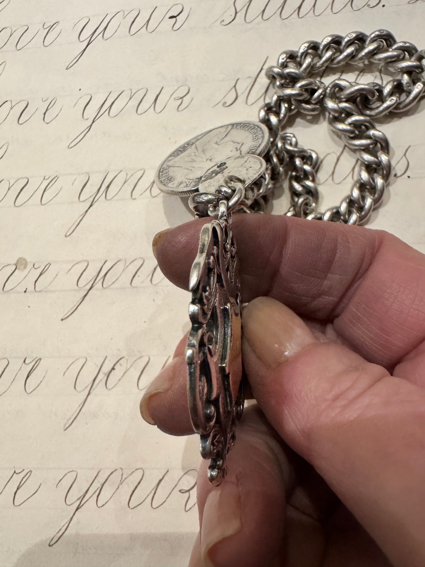 spectacular heavy graduated English silver antique watch chain