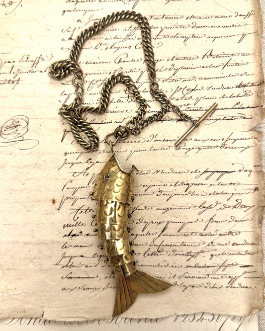 SMASHING Vintage Brass Articulated Fish on Brass Curb Watch Chain