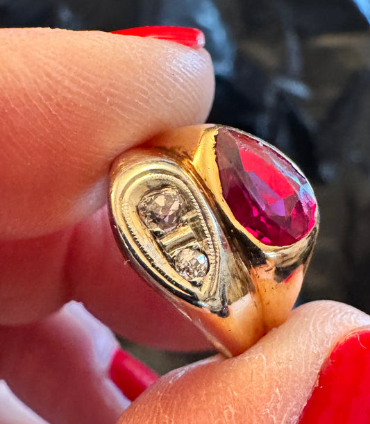14k Gold Tony Soprano Pinky Ring with Ruby and Diamonds
