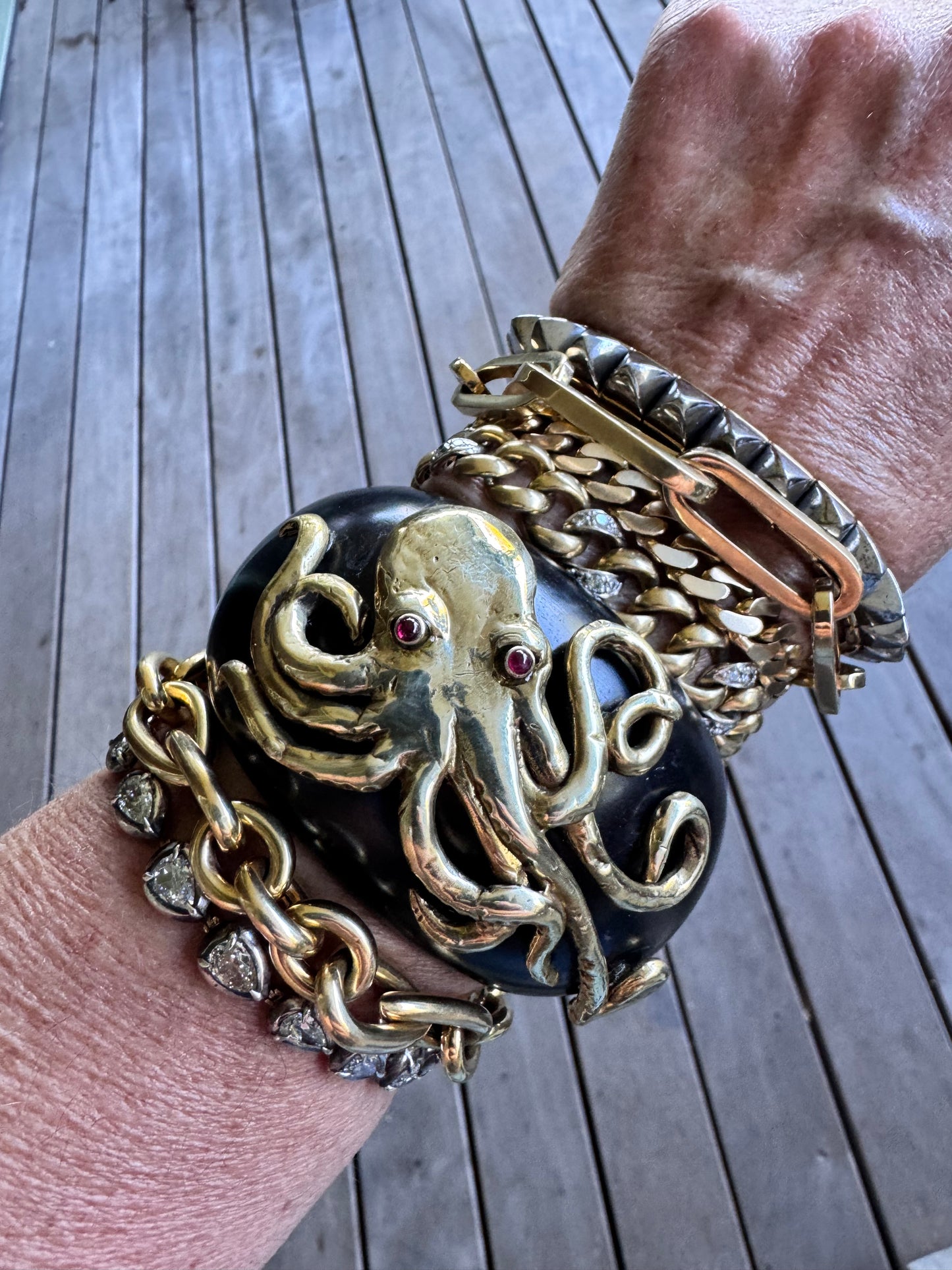 JKC Ebony and Bronze Octopus Cuff with Ruby Eyes