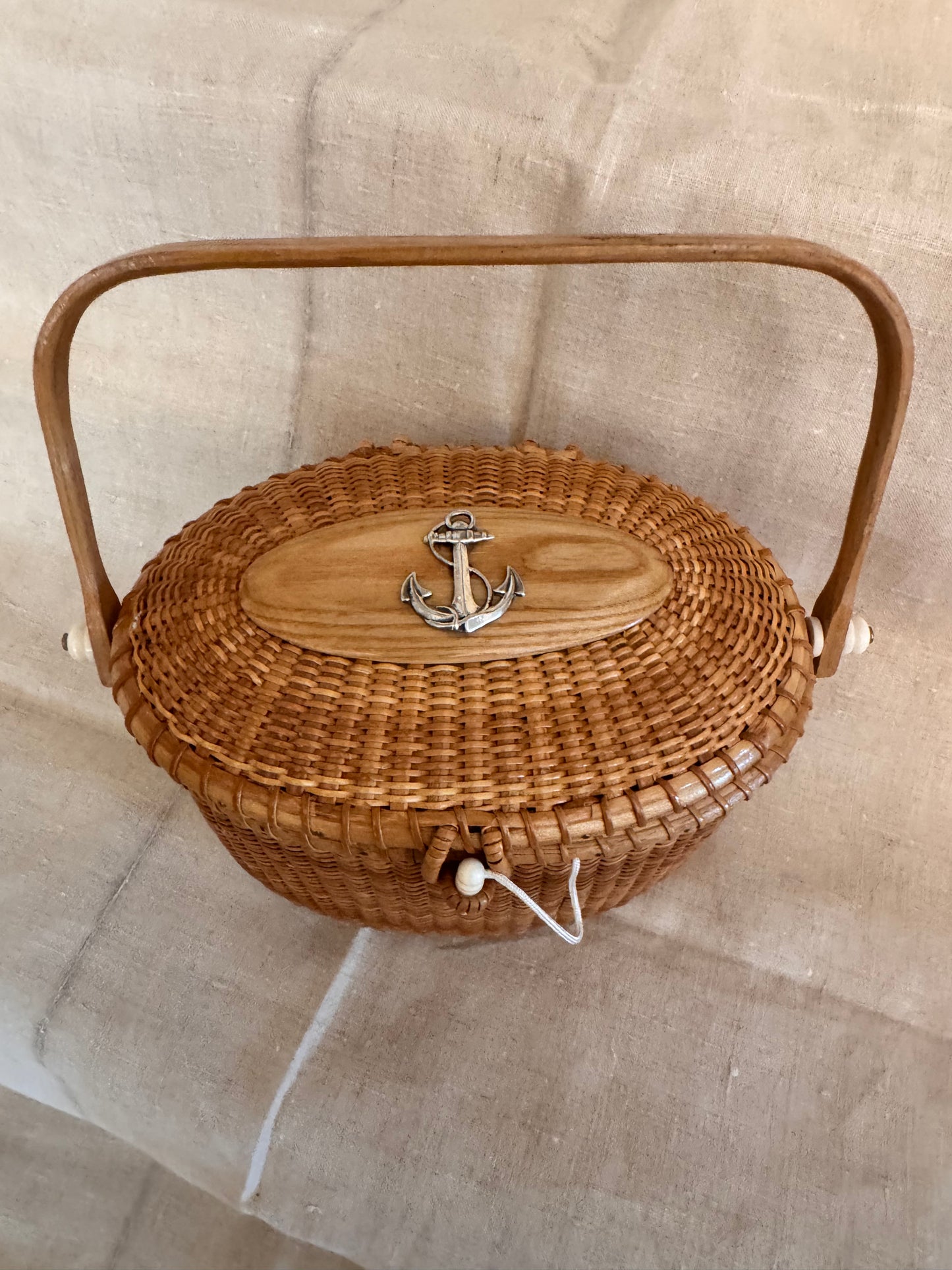 Large Oval Basket with Repurposed Vintage Sterling Silver Anchor Pin
