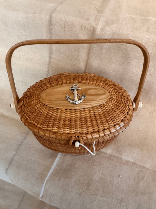 Large Oval Basket with Repurposed Vintage Sterling Silver Anchor Pin