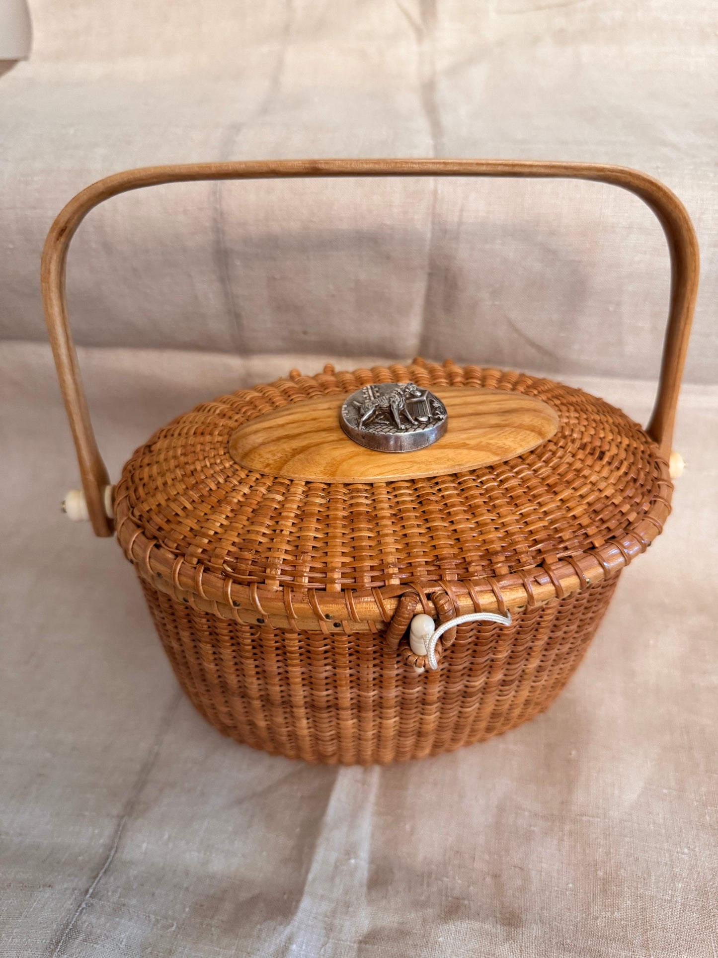 Large Oval Nantucket Basket with Amazing Silver Plated Victorian Dog