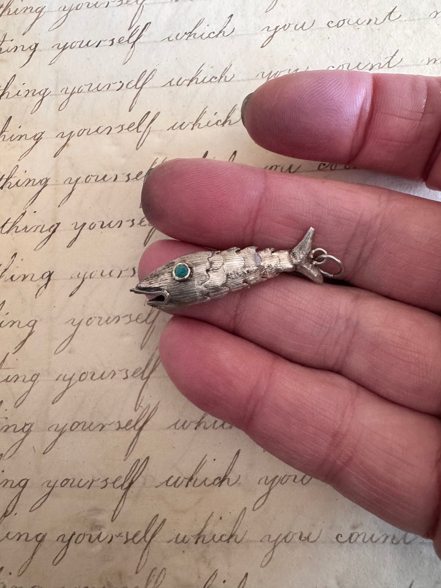 SMALL Vintage sterling Silver Articulated Fish with Turquoise Eyes I