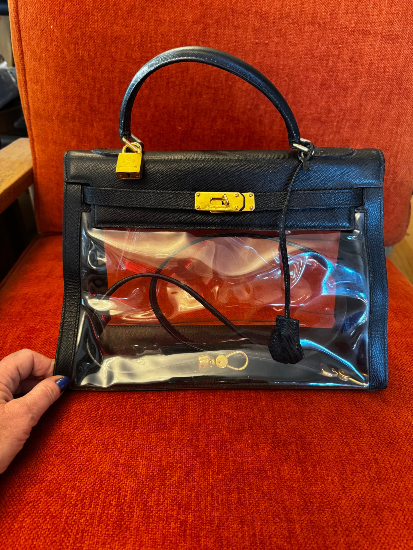 Black leather and clear PVC Kelly style bag