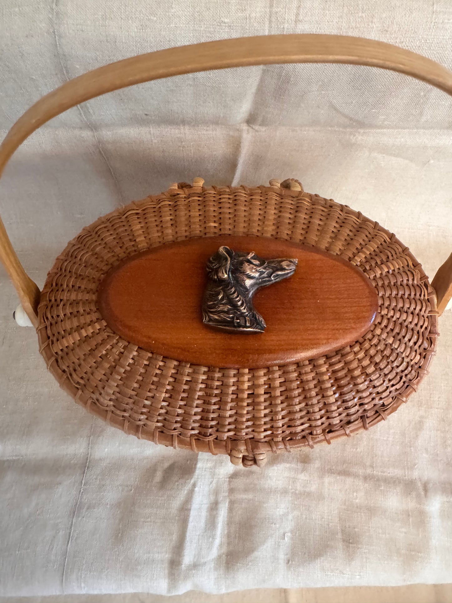 Large Oval Nantucket Basket with Copper Victorian Dog Head