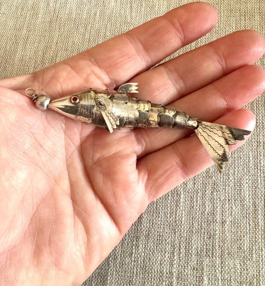 Large Primitive Vintage Sterling Silver Articulated Fish