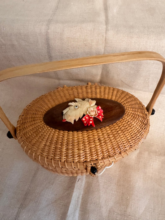 Large Oval Nantucket Basket with Utterly Charming Celluloid Scottie with Polka Dot Bow