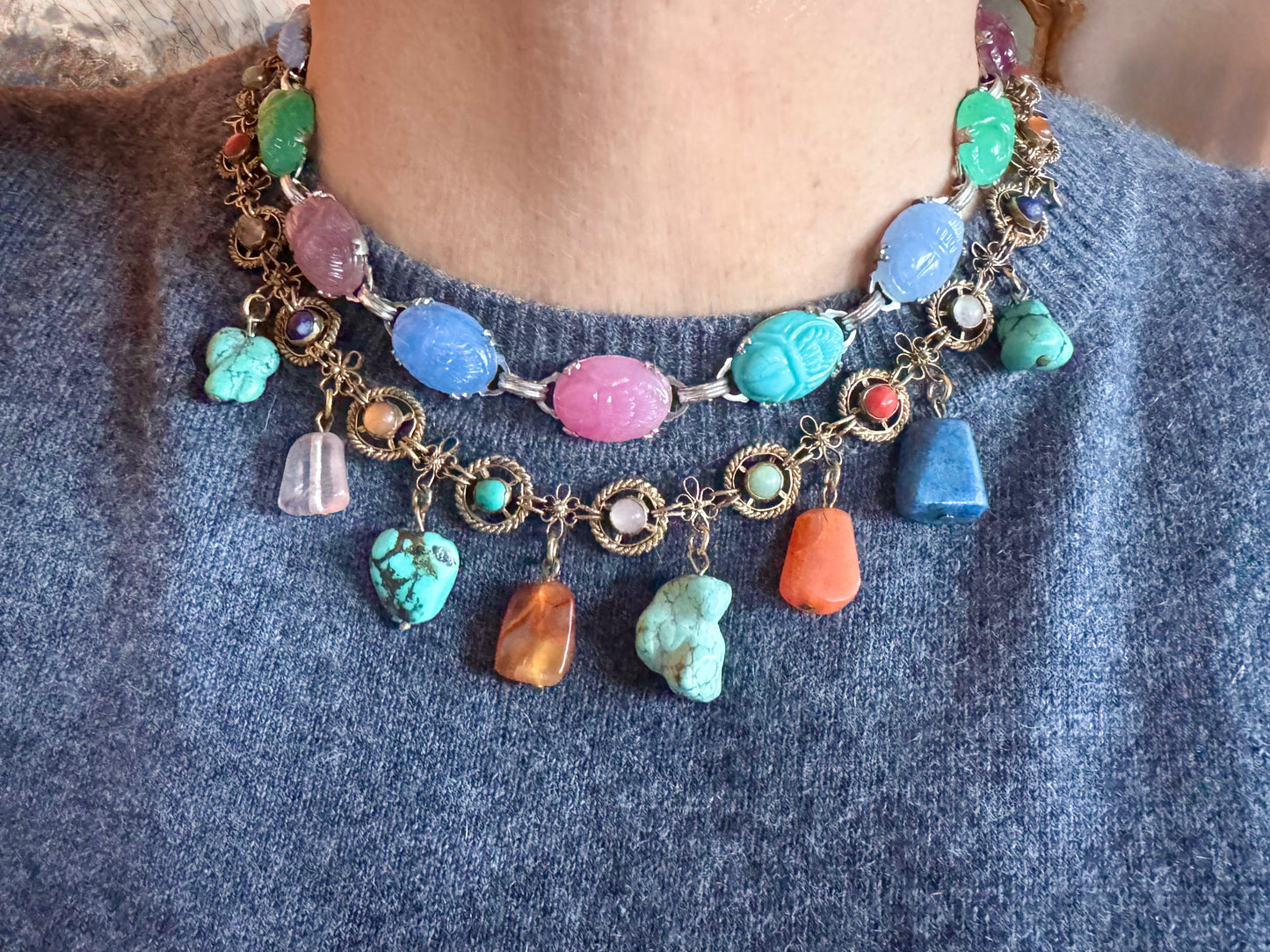 Stunning Czech Glass Scarab Necklace Set in Sterling