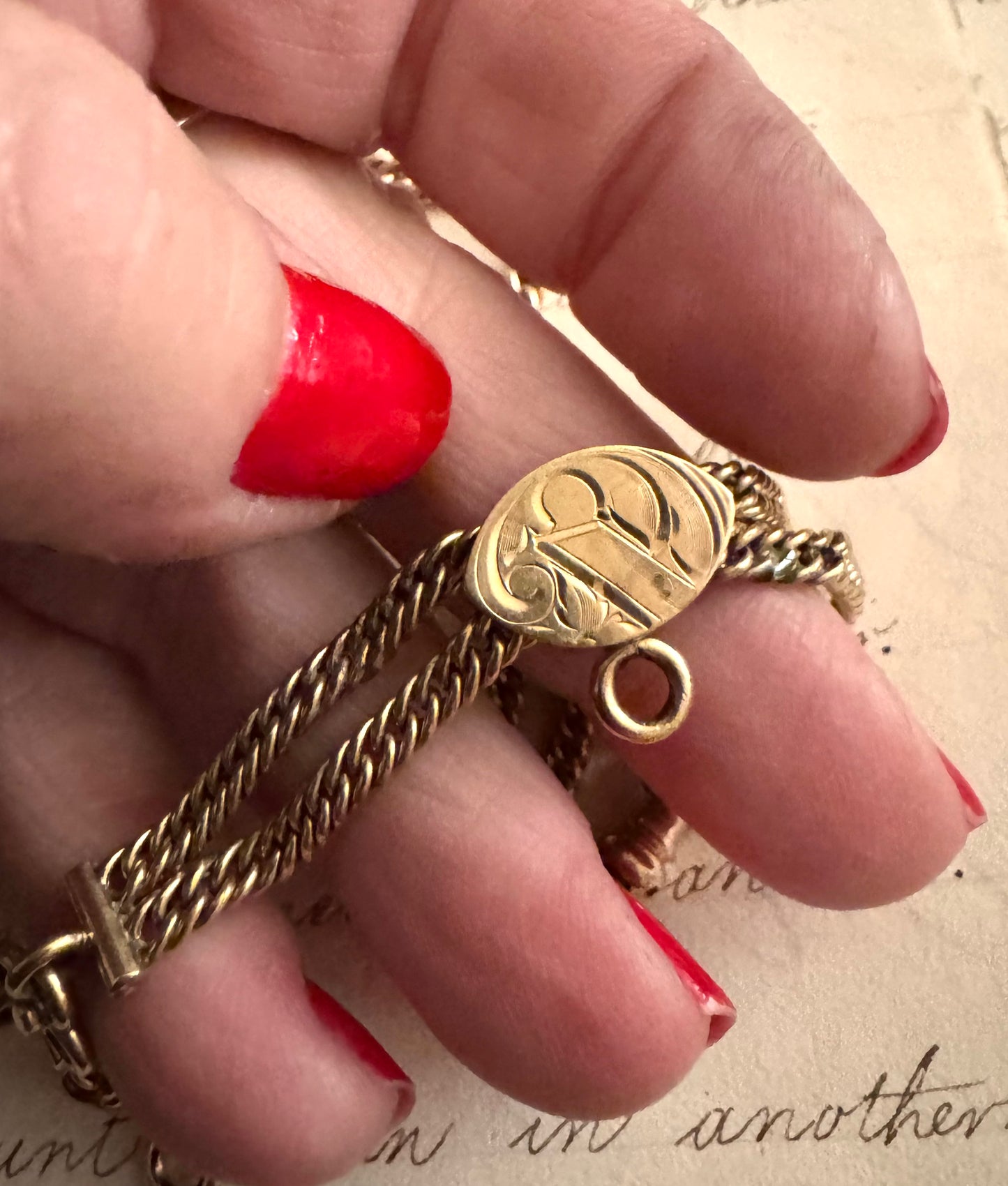 Antique Double Link Curb Watch Chain with Engraved Centerpiece