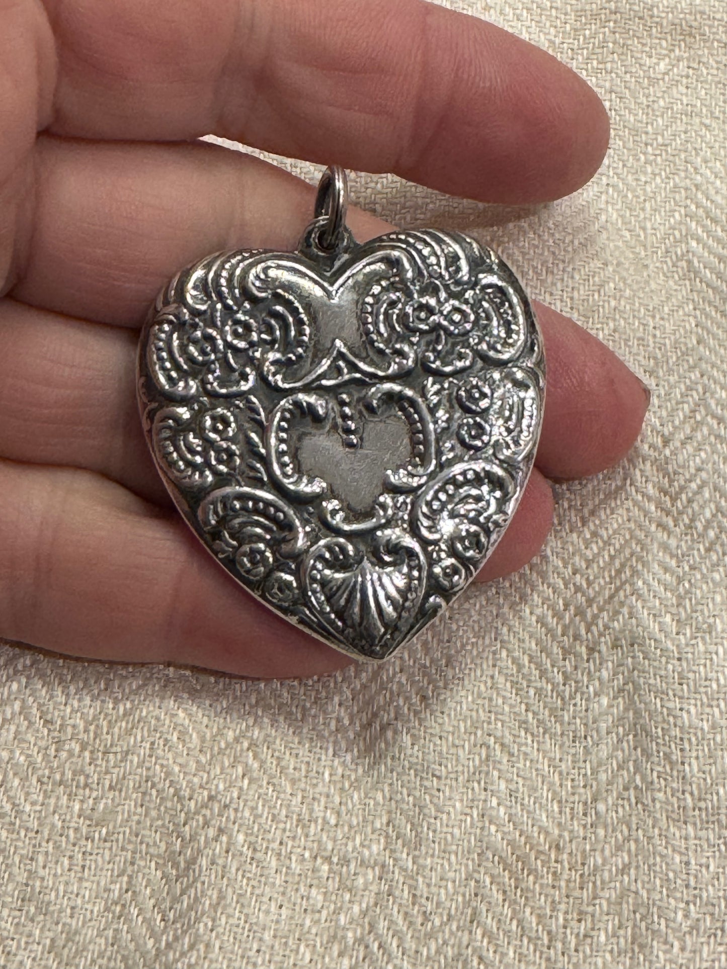Antique Repoussé Sterling Puffy Heart Pendant